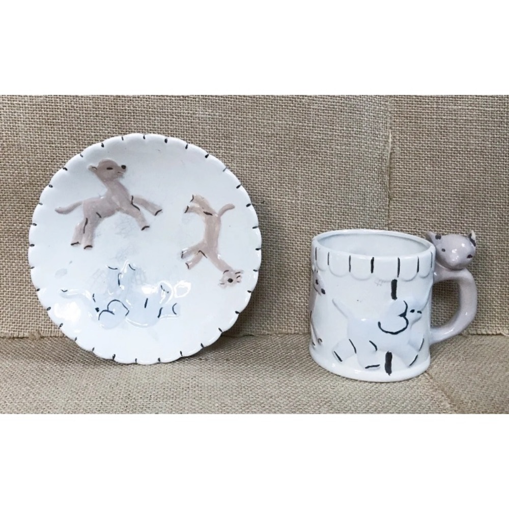 Vintage Kids Mug Bowl Set Carousel Animals Handmade Ceramic Whimsical Kitsch